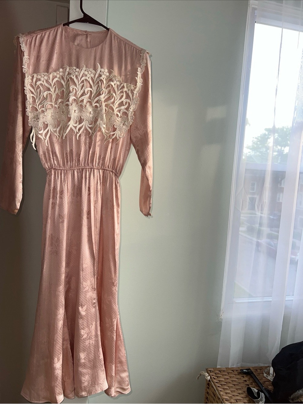 Vintage 80s Jessica McClintock 100% Silk Pink Lace Maxi Dress Sz 4 Romantic